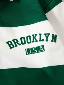 2 件套女孩休闲字母条纹印花半开领落肩长袖上衣运动衫和迷你裙套装，春秋季 - 綠色 - 查看 5