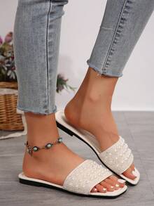 Plus Size Women's Slip-On Rhinestone Decor Open Toe Sandals, Casual Versatile Outdoor Plastic Flat Sandals Non-Slip, Ladies House Slippers For Spring/Summer - White - View 3