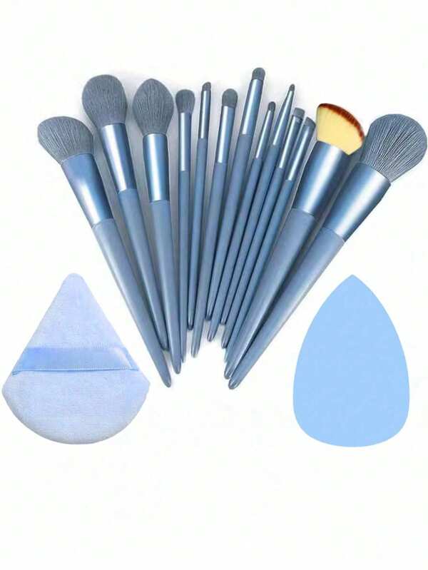 13pcs Makeup Brush Set + 2pcs Random Color/Shape Makeup Blender Sponge, Eyeshadow, Foundation, BB Cream, Concealer Brushes, Soft Makeup Tools For Women