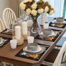 4pcs Halloween Ghost Print Placemats Set, Woven Polyester Rectangular Table Mats, Hand Wash Only, Kitchen & Home Decor, Indoor & Outdoor Dining Decoration - Multicolor - View 9