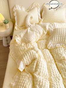 3pcs Bedding Set: White Checked Dobby Fabric Duvet Cover & Pillowcase With Lace Trim Decor