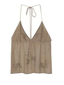 Y2k Women Sparkly Sequin Tank Crop Top Glitter Rhinestone Backless Tie Up Halter Cami Beaded Going Out Camisole - 棕色 - 查看 6