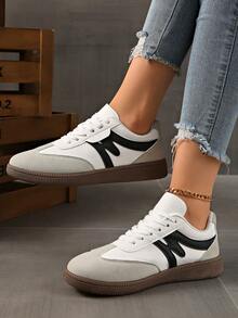 女士圆头低帮休闲运动鞋，防水防滑易清洁，舒适平底百搭白色鞋子，拼色运动休闲复古硫化鞋，黑/白/灰，春/秋 - 黑與白 - 查看 5