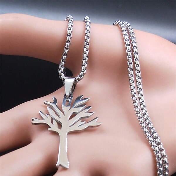 1pc World Peace Tree Of Life Pendant Necklace, Stainless Steel Versatile Snake Bone Chain DIY Jewelry