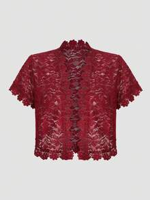 Camellia Lace Short Sleeve Cardigan Jacket - Rose Red - View 1