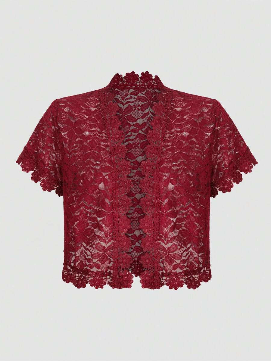 Camellia Lace Short Sleeve Cardigan Jacket - Rose Red - View 1