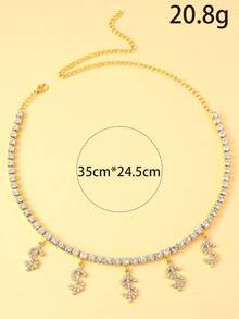 1pc Silver-Color Bling Dollar Sign Pendant Necklace, Fashion Luxury Hip Hop Rhinestone Jewelry - Gold - View 7