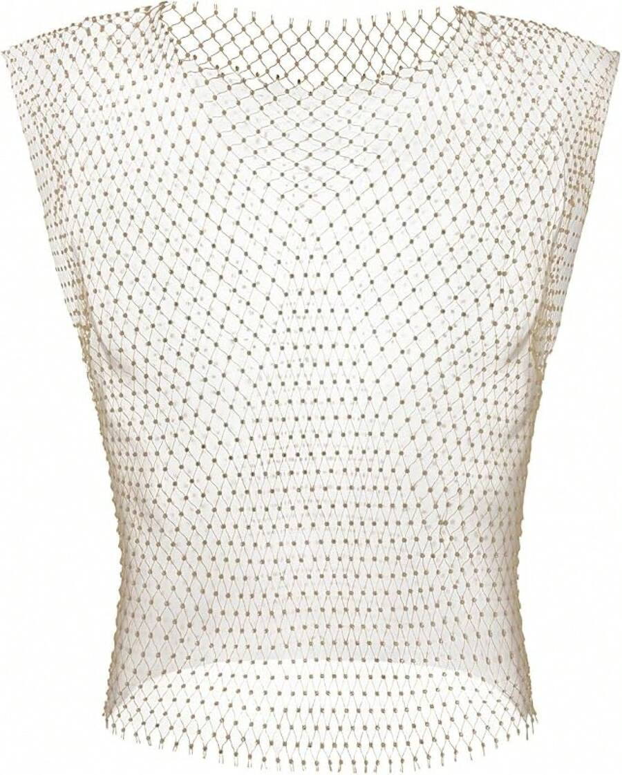 Men's Rave Outfit Sheer Rhinestone Top Sleeveless Tanks Crop Top Fishnet Vest Music Festival Shirthalloween - 金頂 - 查看 1