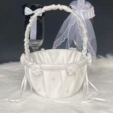 1 件婚礼白色花朵手持篮，带珍珠装饰，花瓣装饰新娘花架，适合任何婚礼仪式和派对 - 硬提手 - 查看 3