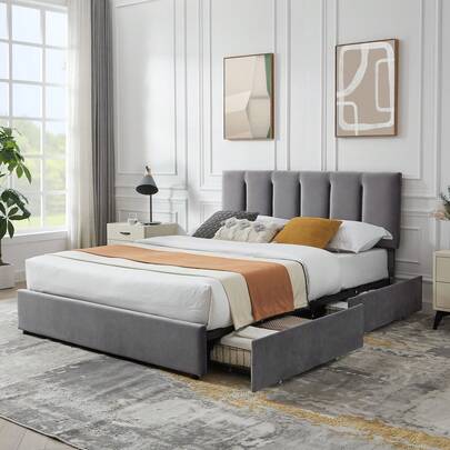 VECELO Double Bed Frame With 4 Storage Drawers, Upholstered Platform With Adjustable Velvet Headboard, Solid Wood Slat Support, No Box Spring Needed, Easy Assembly, Dark Grey