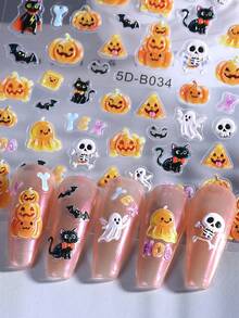 5D 卡通万圣节指甲贴纸 3 件装可爱南瓜鬼蜘蛛骷髅蜘蛛网南瓜黑猫蝙蝠月亮星星恐怖设计 DIY 卡哇伊日韩秋冬自粘凝胶指甲油贴花滑块美甲装饰美甲用品 - 彩色 - 查看 7