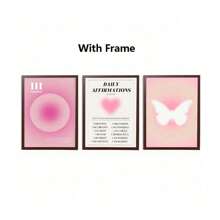 3 pièces - Affiche de gradient d'aura abstrait, art mural spirituel d'affirmation quotidienne rose, peinture sur canevas de papillon, décoration de salle esthétique, cadre en option