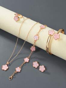 6pcs/Set Necklace, Bracelet, Earrings, Ring, Lucky Flower Necklace, Gold Earrings, Gold Ring, Gold Necklace, Gold Bracelet, Gold Bangle, Girl Jewelry Set, Suitable For Back To School, Party, Holiday