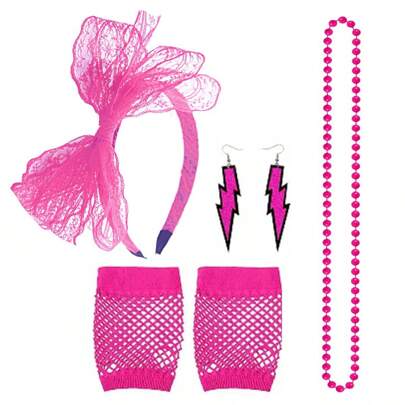 1/6pcs 80s Neon Color Sexy Short Fishnet Gloves, Earrings, Necklace, Lace Headband, Funny Cosplay Party Costume, Makeup Ball Accessories, Retro Casual