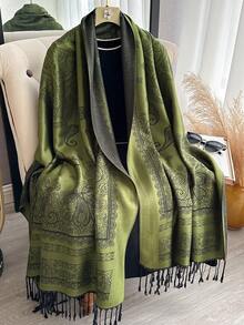 1pc Pashmina Shawl Two Tone Paisley Jacquard Scarves Beach Cover Up Sarong Cashmere Feel Rave Soft Silky Reversible Wrap Scarf Fringes Daily Life Evening Dresses Travel Office Wedding And Gift