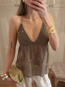 Y2k Women Sparkly Sequin Tank Crop Top Glitter Rhinestone Backless Tie Up Halter Cami Beaded Going Out Camisole - 棕色 - 查看 4