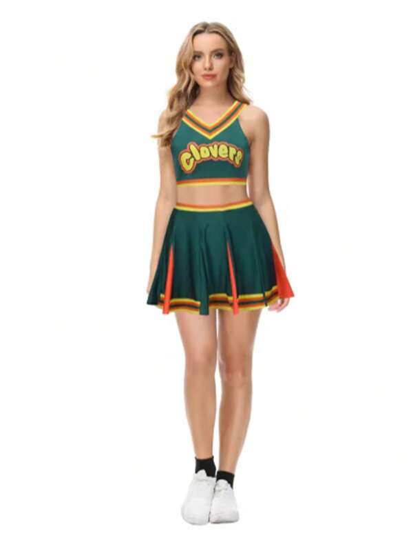 Dark Green Clovers Printed Cheerleader Uniform Bring It On Cheerleading Outfits Fancy Ball Dress Tank Top Mini Skirt For Girls