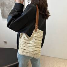 网格编织沙滩单肩旅行包大容量腋下斜跨设计百搭镂空编织渔网包女士沙滩包2025新款大容量编织草编包网红手提托特包
