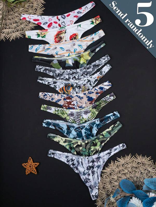 5pcs/Pack Men's Underwear, Men's Soft Quick-Dry Breathable Printed Briefs, Fashionable Fitted Thong Underwear, New Minimalist Comfortable Thong