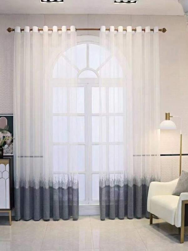 1pc Minimalist Embroidered Sheer Curtain Panel, Skyscraper Design, For Sliding Windows