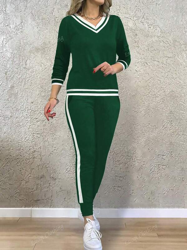 2pcs/Set Fashion Women's Suit, Casual Sporty Contrast Color Blocking V-Neck Long Sleeve Top And Elastic Waist Pocket Long Pants, Suitable For Spring And Autumn
