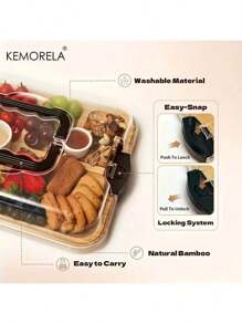 KEMORELA KEMORELA Platou portabil pentru mezeluri din bambus cu capac și mâner – Set complet de platouri pentru brânzeturi cu 4 ustensile din oțel inoxidabil – Design potrivit pentru călătorii, picnicuri, petreceri și cadouri – Tavă elegantă de servire neagră – Perfectă pentru nunți și petreceri de casă nouă