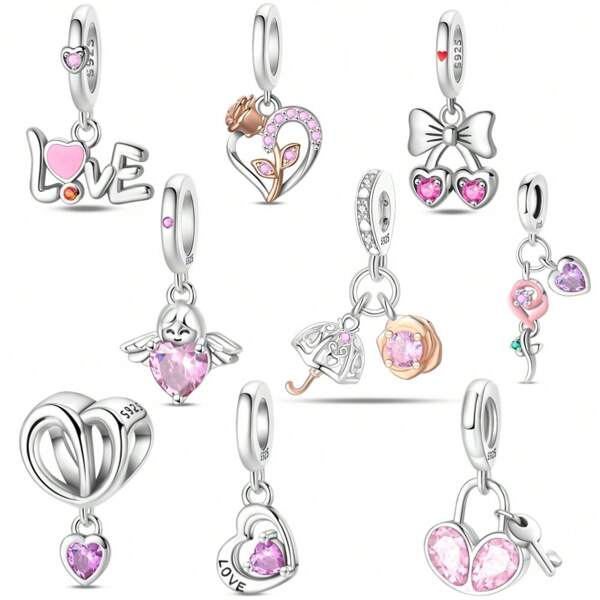 1 Piece 925 Sterling Silver LOVE Pendant, Rose Pendant, Bow Pendant, Heart Angel Pendant, Romantic Valentine's Day Series-Wedding Umbrella Pendant, Pink Rose Pendant, Heart-Shaped Beads, Heart Beads, Heart Lock-Heart Belongs To You Pendant. Suitable For DIY Jewelry Making, Anniversary Gifts, Sweet-Style Jewelry, And Jewelry Gifts Suitable For Both Men And Women.