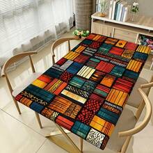 1 块矩形桌布，波西米亚复古色块木纹艺术设计，适合日常家居、客厅、餐厅、主题派对、室内/室外使用，耐污耐用的涤纶桌布