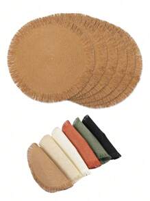 مجموعة من 2/6/8 قطع من الحصير المنسوج بشكل طبيعي، حصير دائري بطراز بوهيمي مزين بشراريب، قطر 15 بوصة، مقاوم للحرارة وقابل للغسيل، أطباق طاولة المطبخ، أطباق تحت الأكواب مانعة للانزلاق للتخييم وحفلات العائلة والزفاف والأعياد والحفلات العشائية