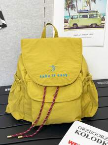 1 Pc New Style Girls' And Boys' Letter Print Nylon Backpack, Drawstring Closure With Adjustable Straps, Casual Versatile Sporty Design For School, Outdoor Activities, And Gifts For Friends