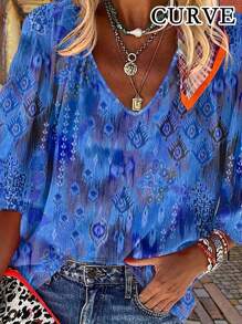 Plus Women's V-Neck Floral Print Loose Mid Sleeved T-Shirt Top Fall Clothes - Royal Blue - View 1