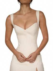 Women Deep V Neck Cap Sleeve Tank Crop Top Low Cut Sweetheart Neck Slim Fit Fairycore Grunge Top Chic Streetwear - 米色 - 查看 1