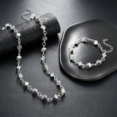 1pc Unisex Dice Pendant Necklace & Bracelet Set, Fashionable Accessories With High-End Look, Suitable For Hip-Hop And Punk Style