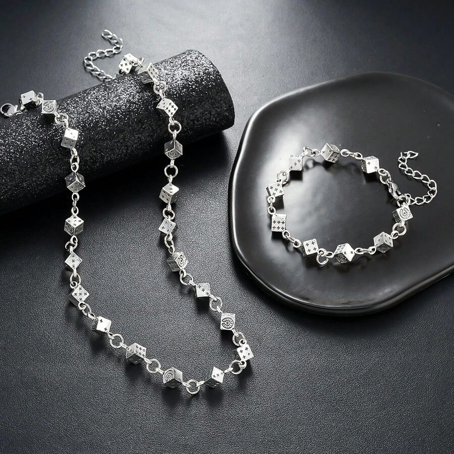 1pc Unisex Dice Pendant Necklace & Bracelet Set, Fashionable Accessories With High-End Look, Suitable For Hip-Hop And Punk Style - Silver - View 1
