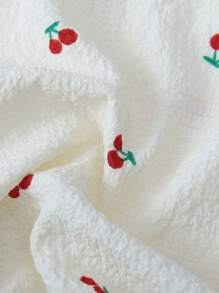 طقم بيجاما مطبوع بالكرز للنساء، ملابس علوية علوي مرصع أزرار ولبس عاقد قصير وسروال قصير، ملابس نوم ولبس منزلي راحة