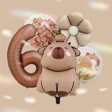 Balões grandes de alumínio em formato de capivara marrom chocolate, com números de 0 a 9, adequados para decoração de festas de aniversário com tema animal. Duráveis, à prova d'água e reutilizáveis. - Multicolorido - Ver 18