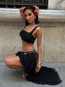 2 Stücke/Set sexy einfarbiges super kurzes Camisole & asymmetrischer Mini-Rock, geeignet für Dates, Hochzeiten im Frühling/Sommer - Schwarz - Übersicht 4