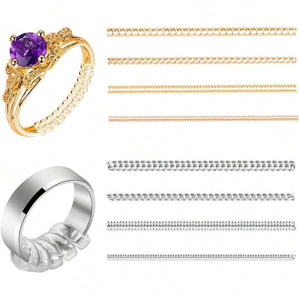 4 Stücke x 100mm Ringgröße Einsteller in 4 Größen rund & flach spiralförmig, unsichtbare Ringverstärker, Silikon Ringgröße Einsteller, Ringgröße Einsteller für Ringe von Frauen und Männern in golden und klar