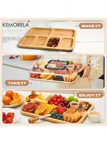 KEMORELA KEMORELA Platou portabil pentru mezeluri din bambus cu capac și mâner – Set complet de platouri pentru brânzeturi cu 4 ustensile din oțel inoxidabil – Design potrivit pentru călătorii, picnicuri, petreceri și cadouri – Tavă elegantă de servire neagră – Perfectă pentru nunți și petreceri de casă nouă