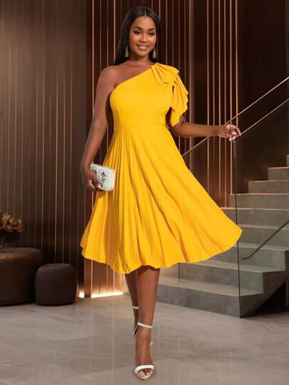 Sexy Lady Solid-Color Single-Shoulder Pleated Dress,Outfit For Date,Party,Wedding Dress,Bridesmaid Dress,Graduation Dress,Wedding Guest