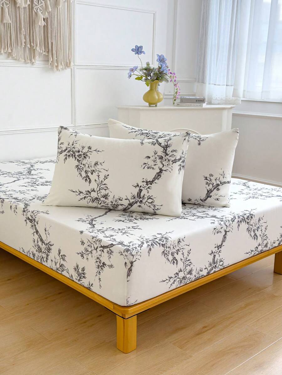 2/3 件套柔软床上用品套装 - 花卉图案床单套装，包含 1/2 个枕套和 1 个床垫保护套（30 厘米/12 英寸深），现代风格床垫罩或床垫垫，适用于所有床型，包括单人床、双人床、大号床、特大号床、单人床和双人床。