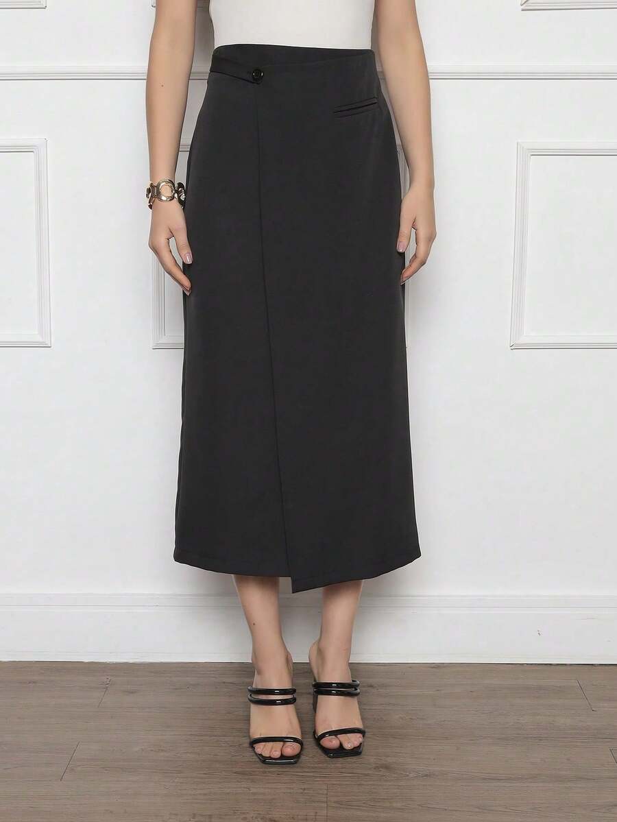 Women's Midi Skirt Side Detail Fake Zipper Pocket At The Back - 黑色 - 查看 1