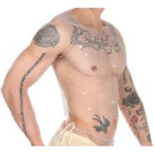 Men's Rave Outfit Sheer Rhinestone Top Sleeveless Tanks Crop Top Fishnet Vest Music Festival Shirthalloween - Silver-top - View 5