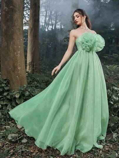 Faeriesty Elegant Mint Green Strapless Long Party Dress For Women, Made Of Lightweight Soft Chiffon Fabric, Featuring 3D Floral Decor On Top And A-Line Loose Bottom Design, Suitable For Spring Weddings, Garden Parties, Valentine's Day, Formal Occasions