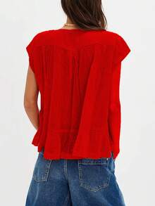 Women Summer Boho Button Front Lace Trim Shirts Tops Y2k Short Sleeve Square Neck Flowy Frilly Chiffon Cardigan Ruffle Eyelet Tank Tops Beach Vacation Going Out Tops Blouses Casual Aesthetic Clothes - 紅色 - 查看 2