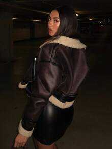 HH Mode eleganter Damen Dicker Warmer Reißverschluss Mantel Weiblich Kunstleder Lammwolle Patchwork Lässig Jacke