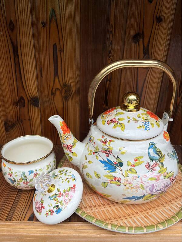 2pcs/Set Thickened Enamel Kettle Set. Household Kitchen Boiling Water Kettle, Suitable For Various Stoves, Outdoor Camping Milk Tea Pot, Health Flower Tea, Fruit Tea Pot, Restaurant Tea Pot, Cold Water Pot, Tea Canister, Coffee Pot, Retro Vintage Enamel Tea Set, Ramadan, Christmas, Holiday Gift Set, Coffee Pot Set