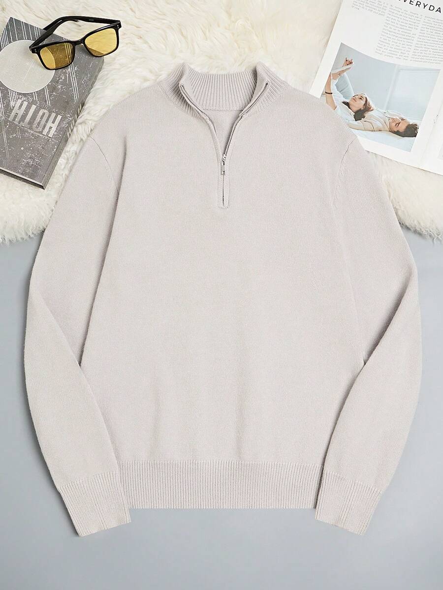 Men's Casual Solid Color Stand Collar Zip-Up Sweater, Versatile & Minimalist - Light Grey - View 1