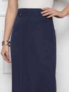 Women's Midi Skirt Side Detail Fake Zipper Pocket At The Back - 藏蓝色 - 查看 2