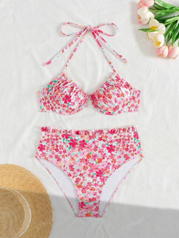 Ditsy Floral Print Cute Knotted Ruffle Trim Bikini Set